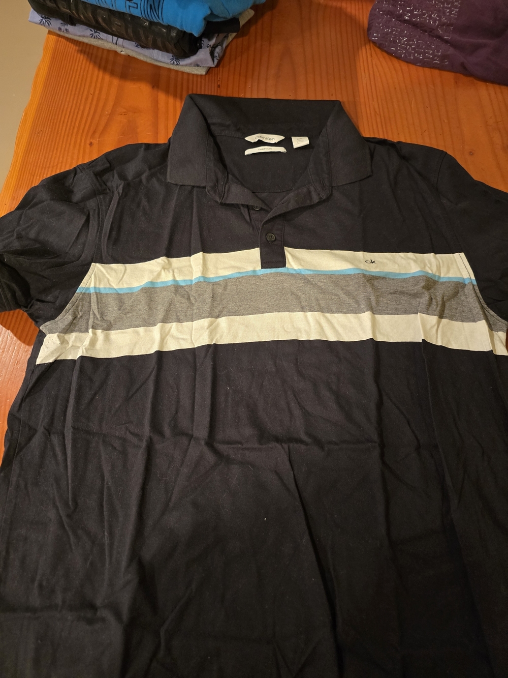 Calvin Klein Black Polo with Blue, Gray and White Stripes